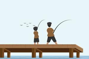 Two brothers are fishing on the seaside pier vector