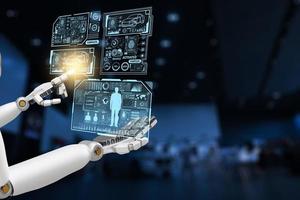Robot Technology AI fix car repair on car Lift in garage dealership Fix the car with a touch touching UI screen interface point to the point that needs to corrected New technology in IOT car industry photo