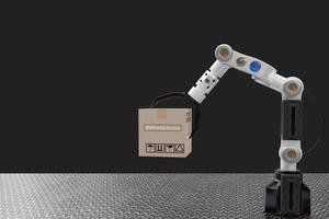 Robot arm Object for manufacturing industry technology Product export and import of future Robot cyber in the warehouse by hand mechanical future technology photo