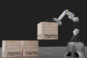 Robot arm Object for manufacturing industry technology Product export and import of future Robot cyber in the warehouse by hand mechanical future technology photo