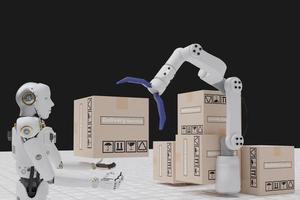Robot arm Object for manufacturing industry technology Product export and import of future Robot cyber in the warehouse by hand mechanical future technology photo
