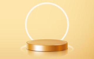 Realistic golden blank product podium scene isolated with neon light on gold background. Geometric metallic round shape for product branding. Gold cylinder mock up scene. 3d vector background