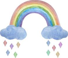 Watercolor bright colorful rainbow with clouds and drops isolated on white vector