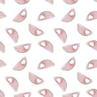 Watercolor seamless pattern with watermelon half circle pink slices on white with hearts. Summer template background with fruit for postcards and cards vector