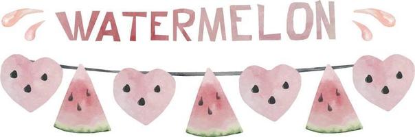 Watercolor watermelon buntings with pink hearts and watermelon peaces. Summer flags on a string. Garland of watermelon vector