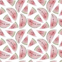 Watercolor seamless pattern with watermelon triangle and half circle pink slices on white with seeds. Summer template background with fruit for postcards and cards vector