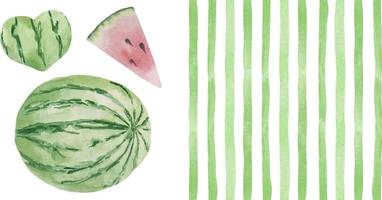 Watercolor background with green strips and whole green round watermelon. Summer template background with fruit for postcards and cards vector