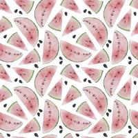 Watercolor seamless pattern with watermelon triangle and half circle pink slices on white with seeds. Summer template background with fruit for postcards and cards vector