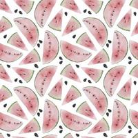 Watercolor seamless pattern with watermelon triangle and half circle pink slices on white with seeds. Summer template background with fruit for postcards and cards vector