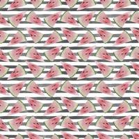 Watercolor seamless pattern with watermelon triangle pink slices on black strips. Summer template background with fruit for postcards and cards vector