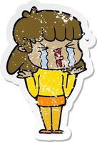 distressed sticker of a cartoon woman in tears vector