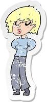 retro distressed sticker of a cartoon woman whistling vector