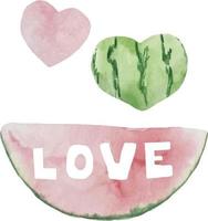 Watercolor illustration of watermelon, half a watermelon, a piece of watermelon, a slice of watermelon. Watermelon love and hearts vector