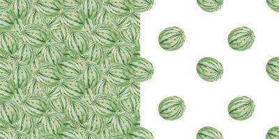 Seamless Watercolor seamless solid background pattern with whole green round watermelon. Summer template background with fruit for postcards and cards vector