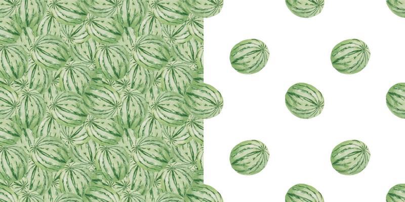 Seamless Watercolor seamless solid background pattern with whole green round watermelon. Summer template background with fruit for postcards and cards