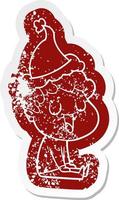 laughing cartoon distressed sticker of a man wearing santa hat vector