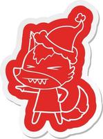 angry wolf cartoon  sticker of a wearing santa hat vector