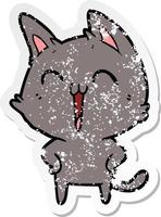 distressed sticker of a happy cartoon cat meowing vector