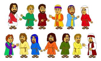 personajes de dibujos animados de jesús y sus discípulos, excelentes para ilustraciones de historias bíblicas para niños, calcomanías, sitios web, juegos, carteles, aplicaciones móviles y más vector
