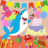 lindos personajes de tiburones que celebran cumpleaños con amigos, adecuados para libros de cuentos infantiles, carteles, sitios web, aplicaciones móviles, juegos, camisetas, impresión y más vector