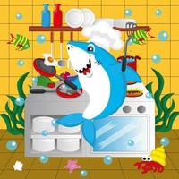 ilustración del tiburón chef cocinando en la cocina, adecuado para libros de cuentos infantiles, afiches, sitios web, aplicaciones móviles, juegos, camisetas y más vector