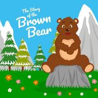 bear sitting on a rock with a meadow and mountains in the background, vector, editable, eps 10, children's story illustrations, coloring books, posters, printing, websites and more vector