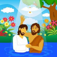 ilustración de jesús siendo bautizado en el río jordan, excelente para biblias infantiles, carteles, imprenta, web y más