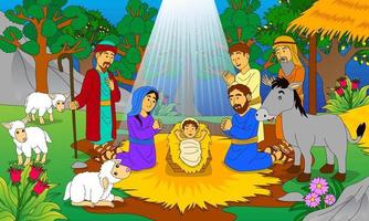 ilustración del nacimiento de jesús, buena para biblias infantiles, libros religiosos cristianos, afiches, sitios web, imprenta y otros vector