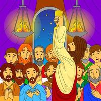 jesús celebra la última cena con los discípulos, ilustraciones de historias bíblicas, afiches, religión, sitios web, pancartas, imprenta y más vector