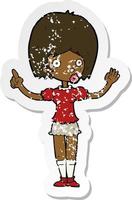 retro distressed sticker of a cartoon woman explaining her point vector