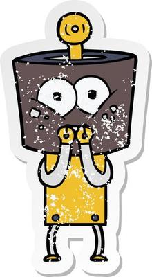 distressed sticker of a happy cartoon robot laughing nervously