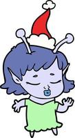 cute alien girl line drawing of a wearing santa hat vector