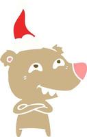 flat color illustration of a bear showing teeth wearing santa hat vector