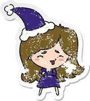 christmas distressed sticker cartoon of kawaii girl vector