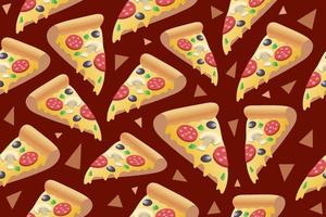 Seamless pattern with pizza slices on red background. Pizza slices with salami, olive, mushroom and mozzarella. vector