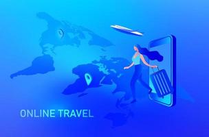 viajes en línea y concepto de reserva. avión en mapa global, equipaje y punto de control del navegador ilustración vectorial
