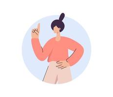 Cute flat woman points her finger up. She in round background. Vector people has business idea or something. The concept of innovation, solution and creativity illustration