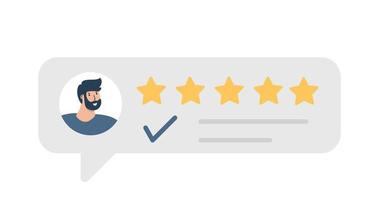 Man satisfied customer give rating 5 stars. People feedback vector illustration by giving 5 star rating. Flat online shopping with give 5 rating and review