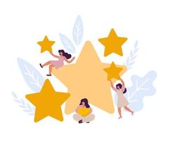 Vector people women are holding stars, giving five star feedback. Clients choosing satisfaction rating and leaving positive review. Customer review evaluation. Flat illustration