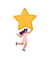 Happy and satisfied vector customer flat woman people is holding review star over her head. Five stars rating. Customer review rating and client feedback concept. Modern illustration