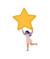 Happy and satisfied vector customer flat woman people is holding review star over her head. Five stars rating. Customer review rating and client feedback concept. Modern illustration