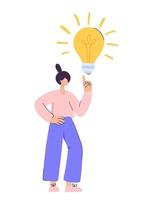 linda mujer plana señala su dedo hacia arriba y la bombilla. ella tiene una idea genial. la gente del vector tiene una idea de negocio o algo así. el concepto de innovación, solución y creatividad ilustración