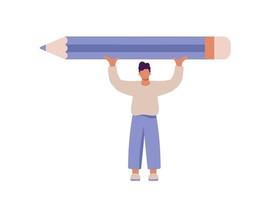 Man holding pencil over his head. Concept of search information, solution, analyze, write, journalist, blogger. Vector illustration in flat style, character design