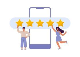 Happy and satisfied vector customer flat man and woman giving Five stars rating on smartphone. Customer review rating and client feedback concept. Modern illustration