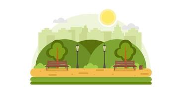 parque de la ciudad decoración urbana al aire libre, elementos parques y callejones... parque de verano de la ciudad con banco de árboles verdes, pasarela y linterna, fondo natural, área de paseo, parque, área de picnic. vector