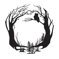 vector black and white illustration. round frame magical, fairy forest. silhouette of forest, trees, grass and an owl on a branch. background for postcard, book, design for halloween