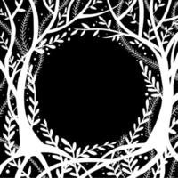 black and white drawing, round frame with a magic, fairy forest. ornament trees and herbs. background for books, postcards. vector