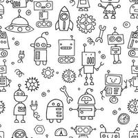 vector seamless pattern. drawings in doodle style. cute robots, simple illustration for kids. black and white robots, technology of the future