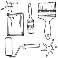 vector set of simple drawings in the style of doodle, flat. painting tools, paint can, brushes, roller. a set of items for repair, painting walls, working with hands.