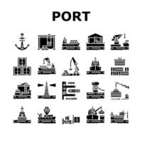 conjunto de iconos de colección de herramientas de puerto de contenedores vector